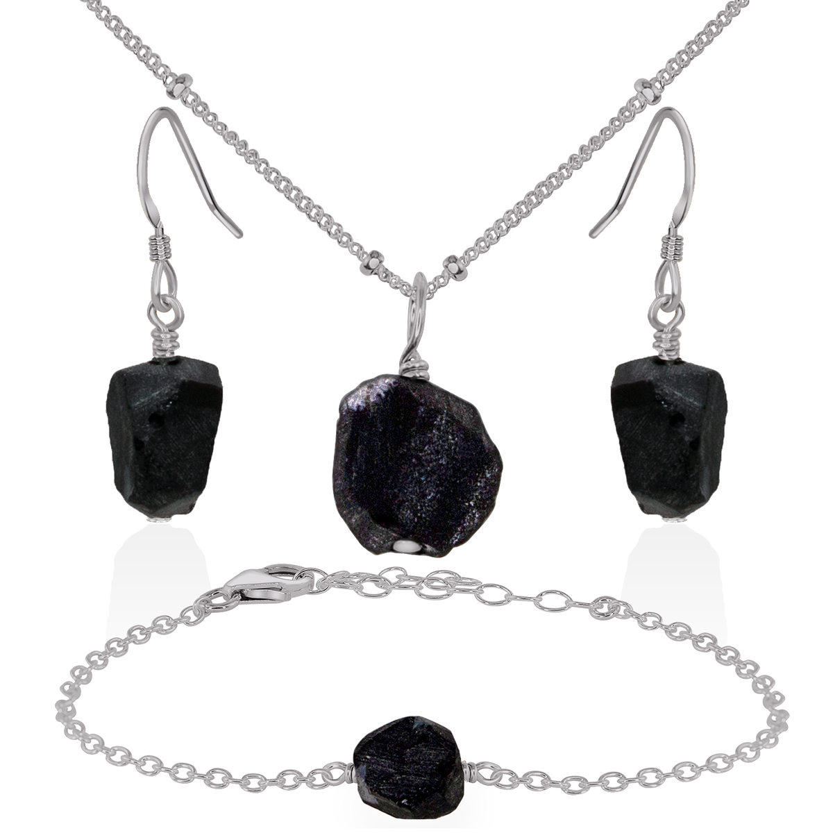 Raw Obsidian Crystal Jewellery Set - Raw Obsidian Crystal Jewellery Set - Stainless Steel / Satellite / Necklace & Earrings & Bracelet - Luna Tide Handmade Crystal Jewellery