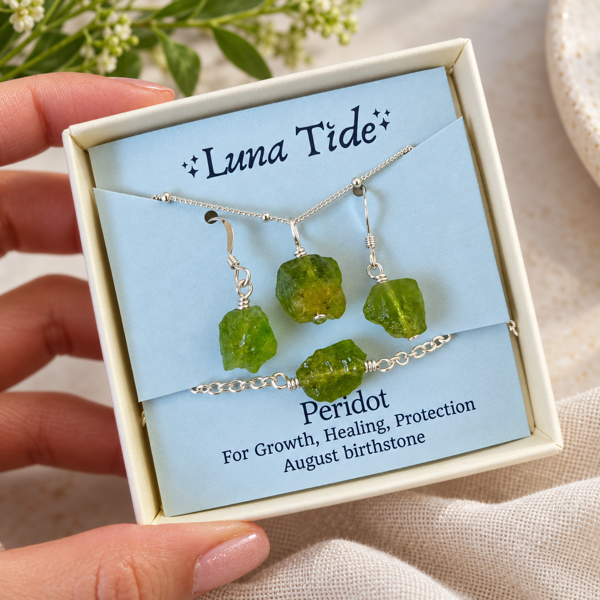 Raw Peridot Crystal Jewellery Set