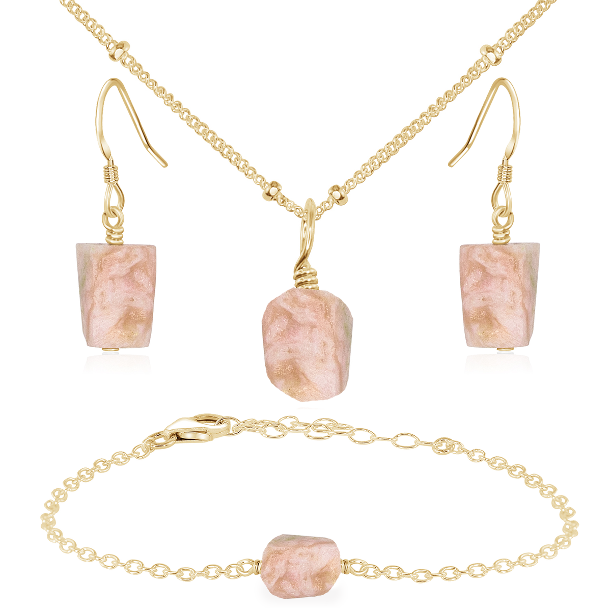 Raw Pink Peruvian Opal Crystal Jewellery Set - Raw Pink Peruvian Opal Crystal Jewellery Set - 14k Gold Fill / Satellite / Necklace & Earrings & Bracelet - Luna Tide Handmade Crystal Jewellery