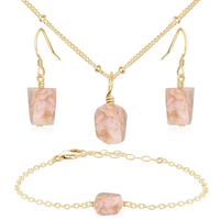 Raw Pink Peruvian Opal Crystal Jewellery Set - Raw Pink Peruvian Opal Crystal Jewellery Set - 14k Gold Fill / Satellite / Necklace & Earrings & Bracelet - Luna Tide Handmade Crystal Jewellery