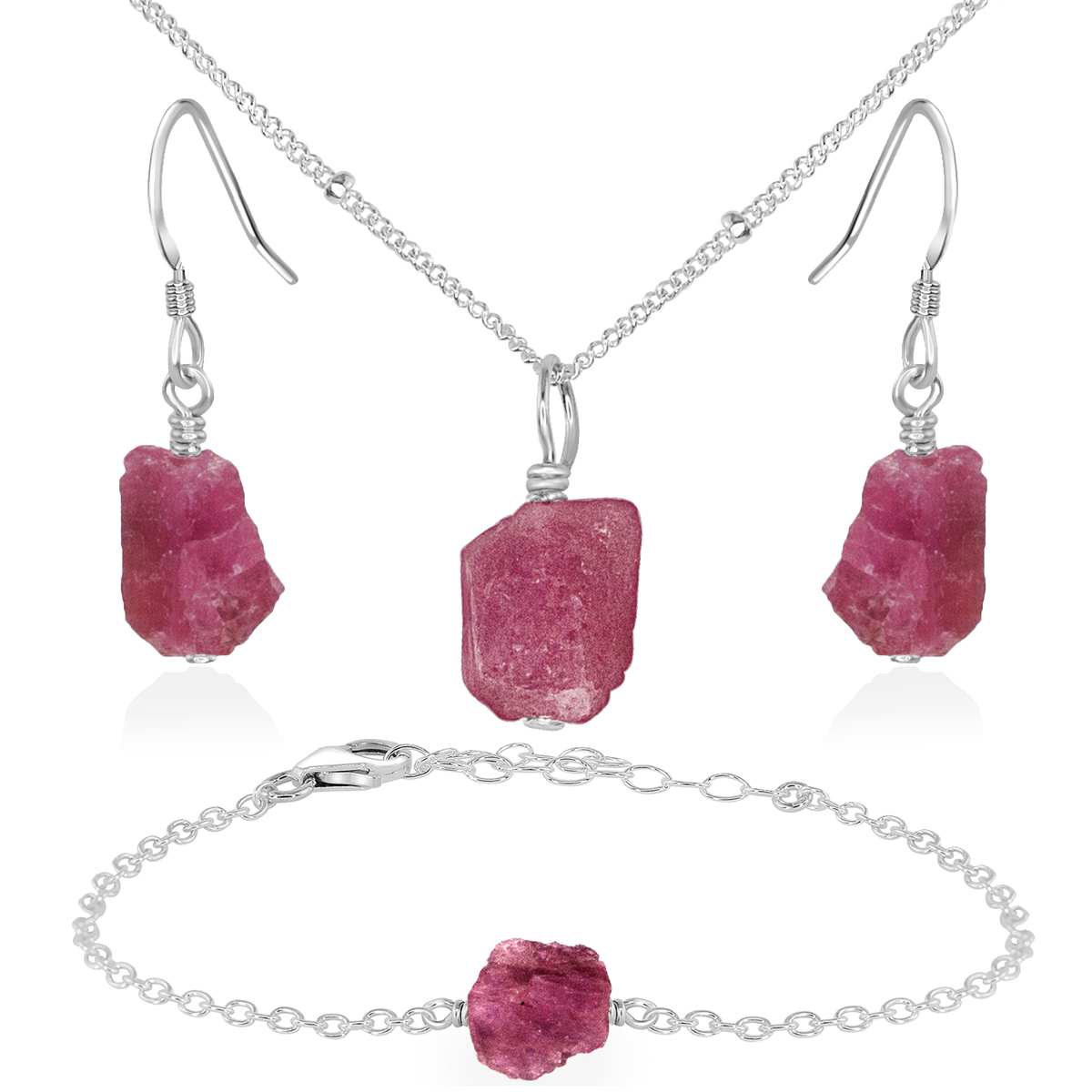 Raw Pink Tourmaline Crystal Jewellery Set - Raw Pink Tourmaline Crystal Jewellery Set - Sterling Silver / Satellite / Necklace & Earrings & Bracelet - Luna Tide Handmade Crystal Jewellery