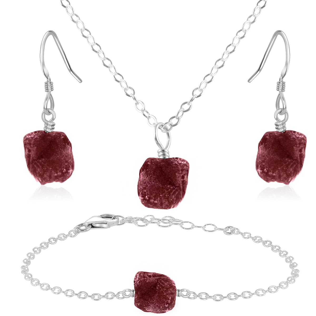 Raw Ruby Crystal Jewellery Set - Raw Ruby Crystal Jewellery Set - Sterling Silver / Cable / Necklace & Earrings & Bracelet - Luna Tide Handmade Crystal Jewellery