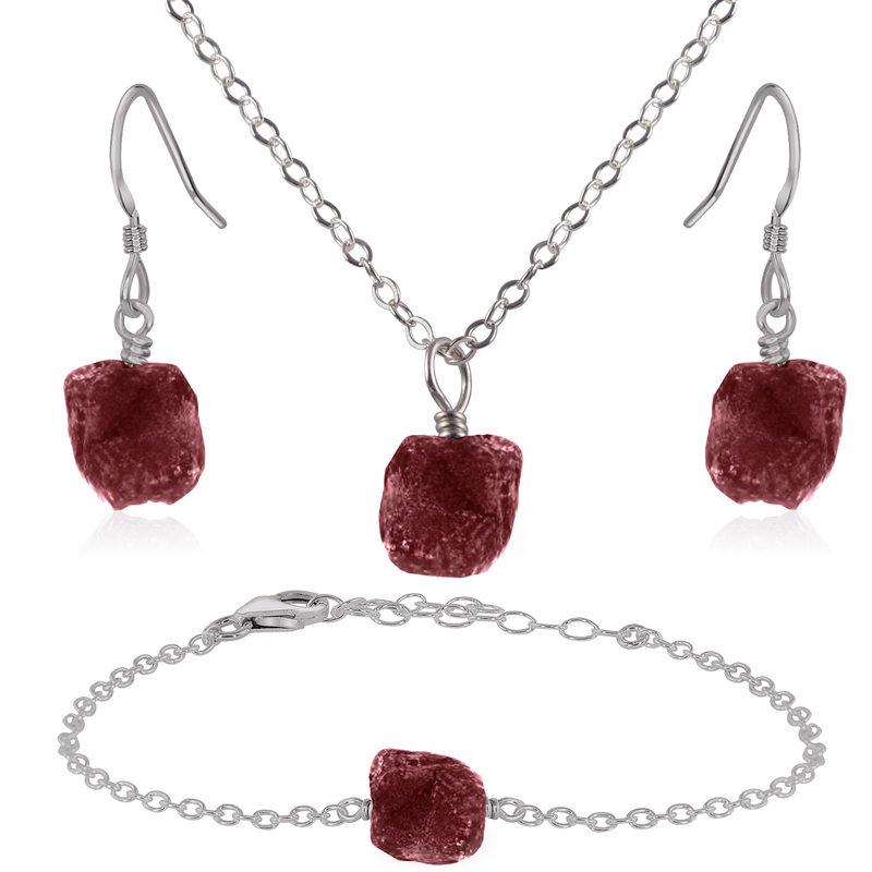 Raw Ruby Crystal Jewellery Set - Raw Ruby Crystal Jewellery Set - Stainless Steel / Cable / Necklace & Earrings & Bracelet - Luna Tide Handmade Crystal Jewellery