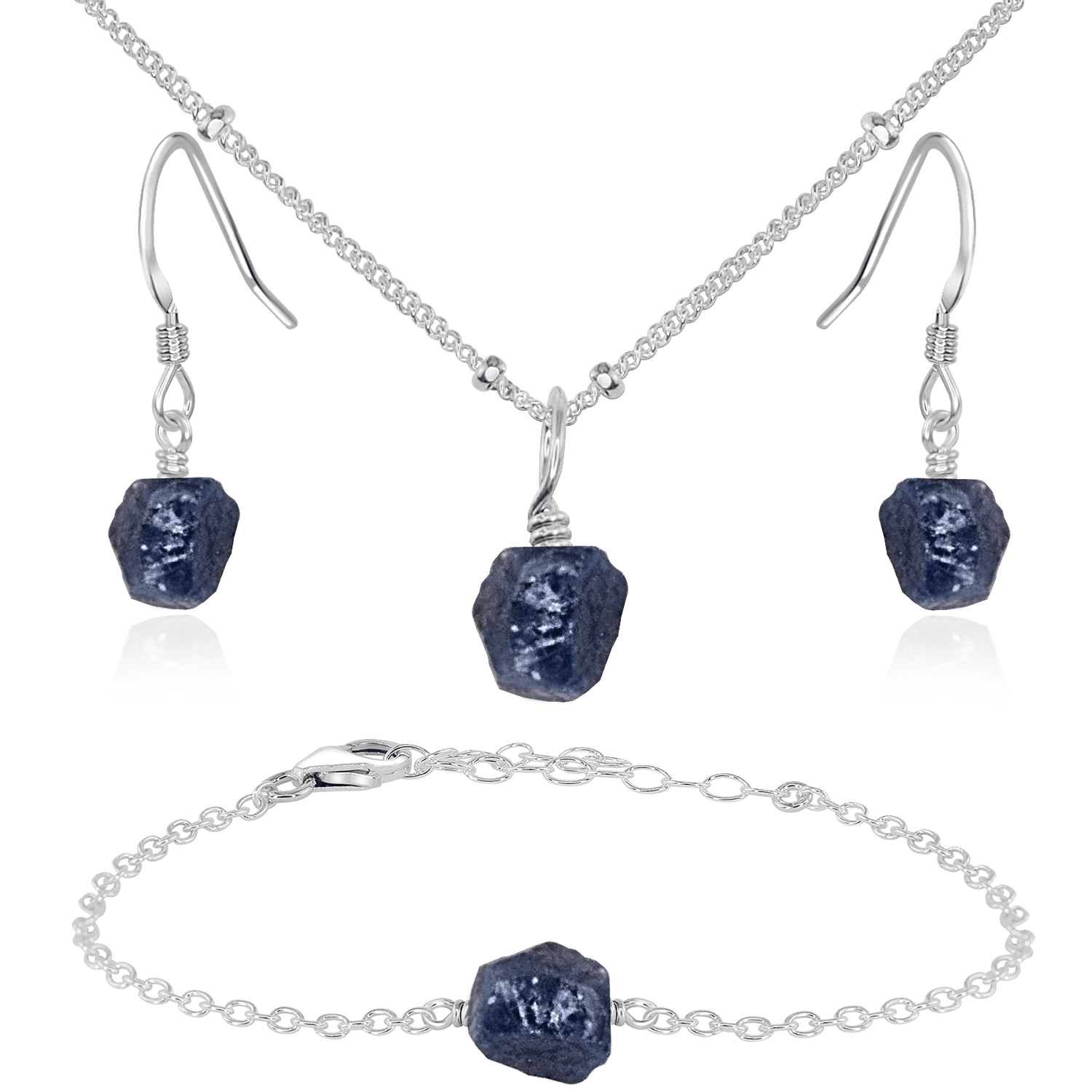 Raw Sapphire Crystal Jewellery Set - Raw Sapphire Crystal Jewellery Set - Sterling Silver / Satellite / Necklace & Earrings & Bracelet - Luna Tide Handmade Crystal Jewellery