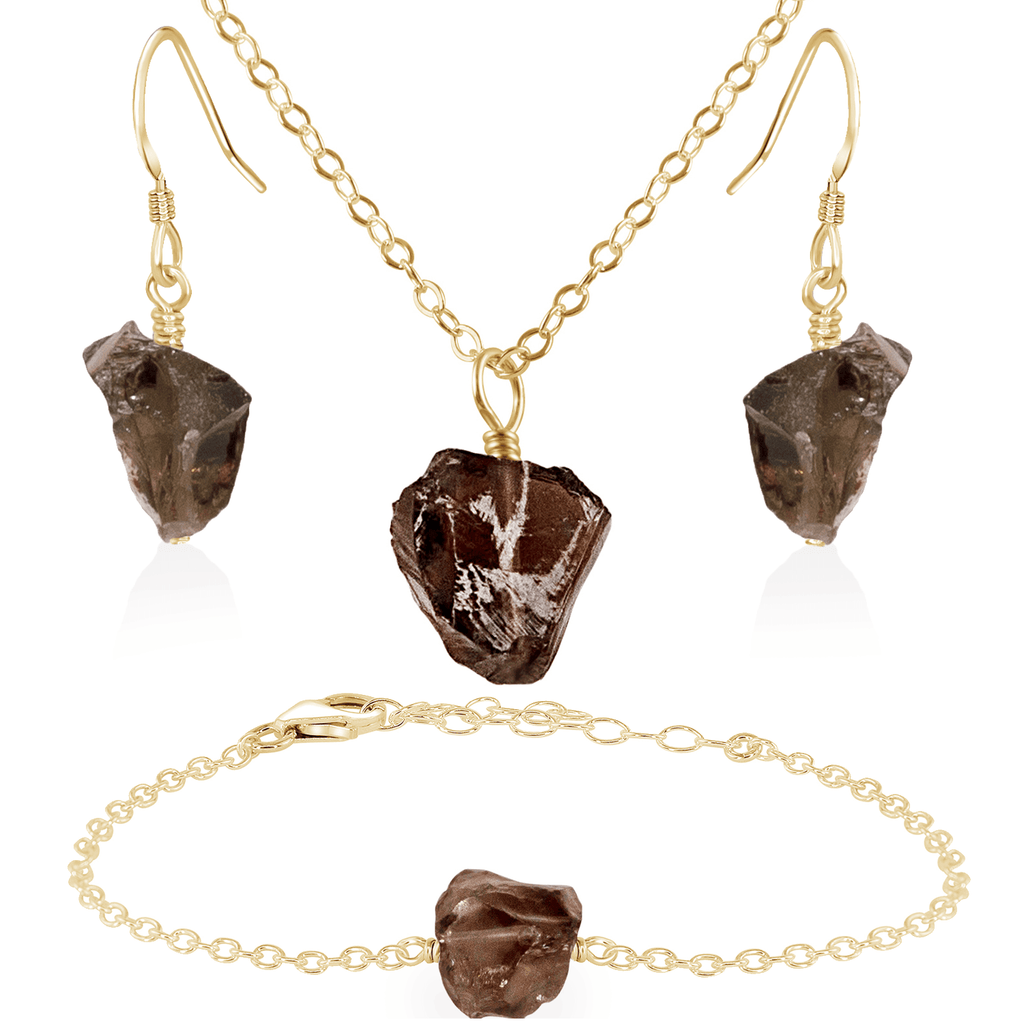 Raw Smoky Quartz Crystal Jewellery Set - Raw Smoky Quartz Crystal Jewellery Set - 14k Gold Fill / Cable / Necklace & Earrings & Bracelet - Luna Tide Handmade Crystal Jewellery