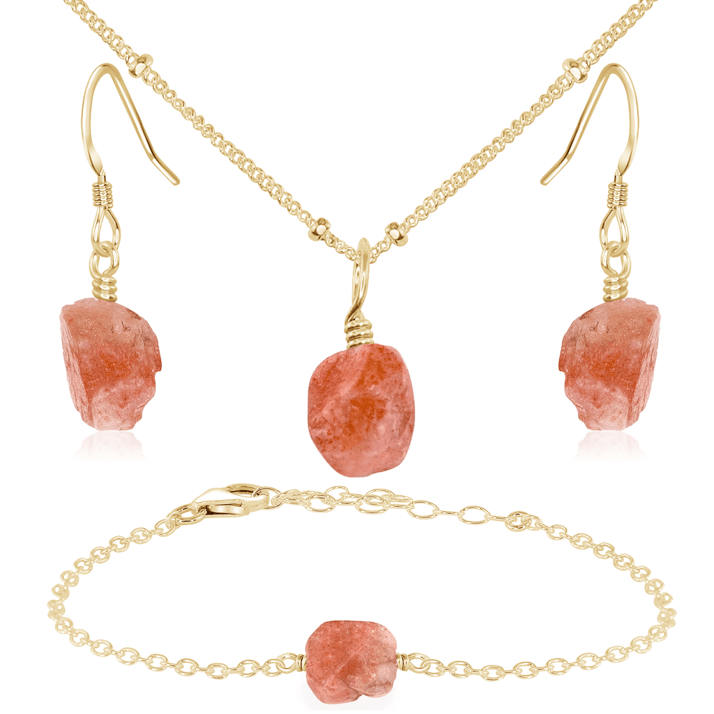 Raw Sunstone Crystal Jewellery Set - Raw Sunstone Crystal Jewellery Set - 14k Gold Fill / Satellite / Necklace & Earrings & Bracelet - Luna Tide Handmade Crystal Jewellery
