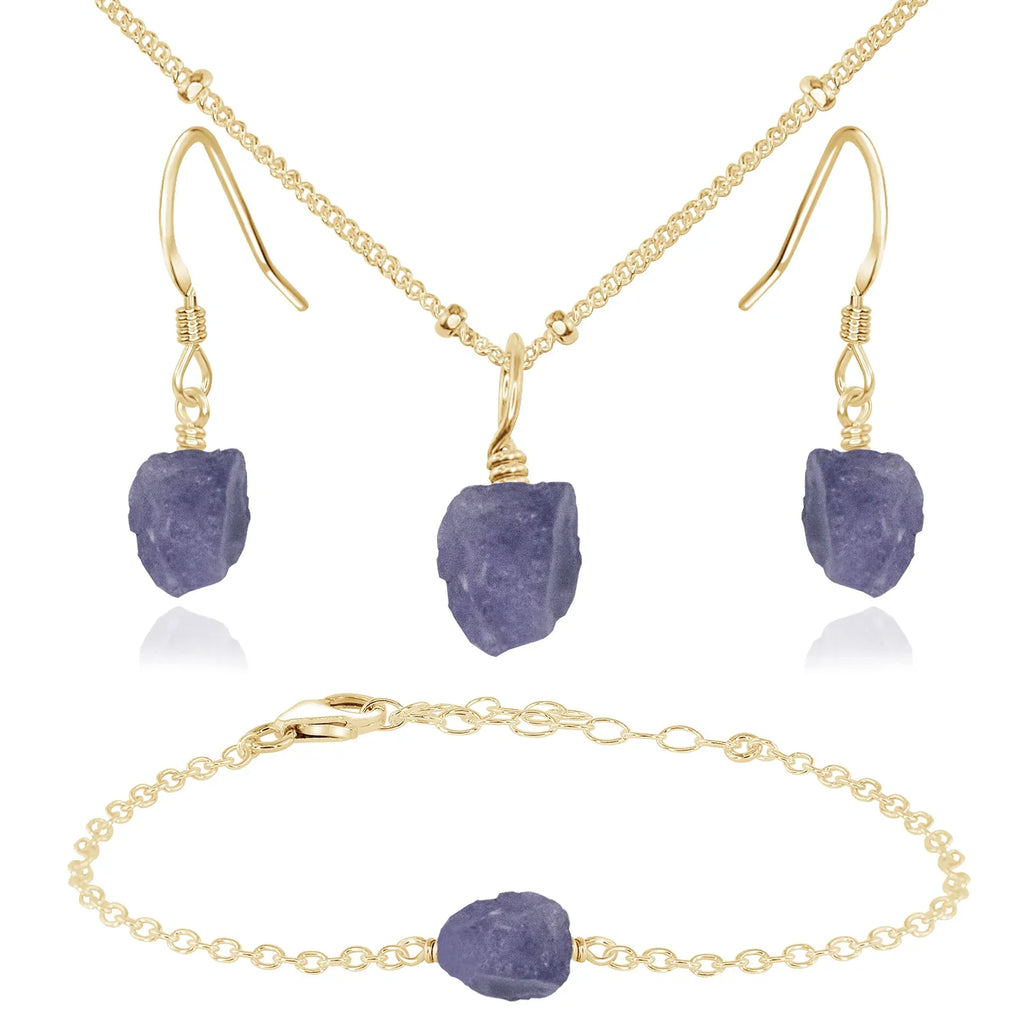 Raw Tanzanite Crystal Jewellery Set - Raw Tanzanite Crystal Jewellery Set - 14k Gold Fill / Satellite / Necklace & Earrings & Bracelet - Luna Tide Handmade Crystal Jewellery