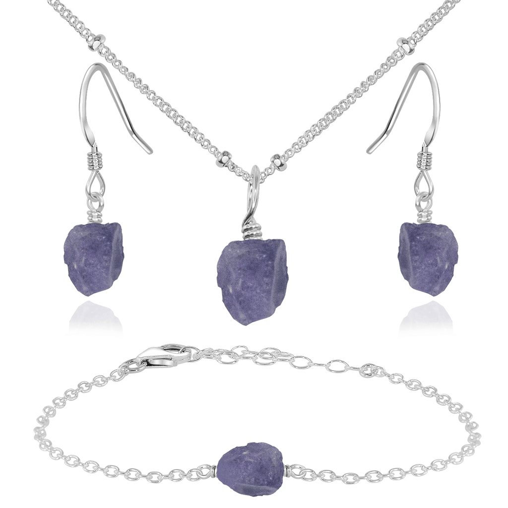 Raw Tanzanite Crystal Jewellery Set - Raw Tanzanite Crystal Jewellery Set - Sterling Silver / Satellite / Necklace & Earrings & Bracelet - Luna Tide Handmade Crystal Jewellery