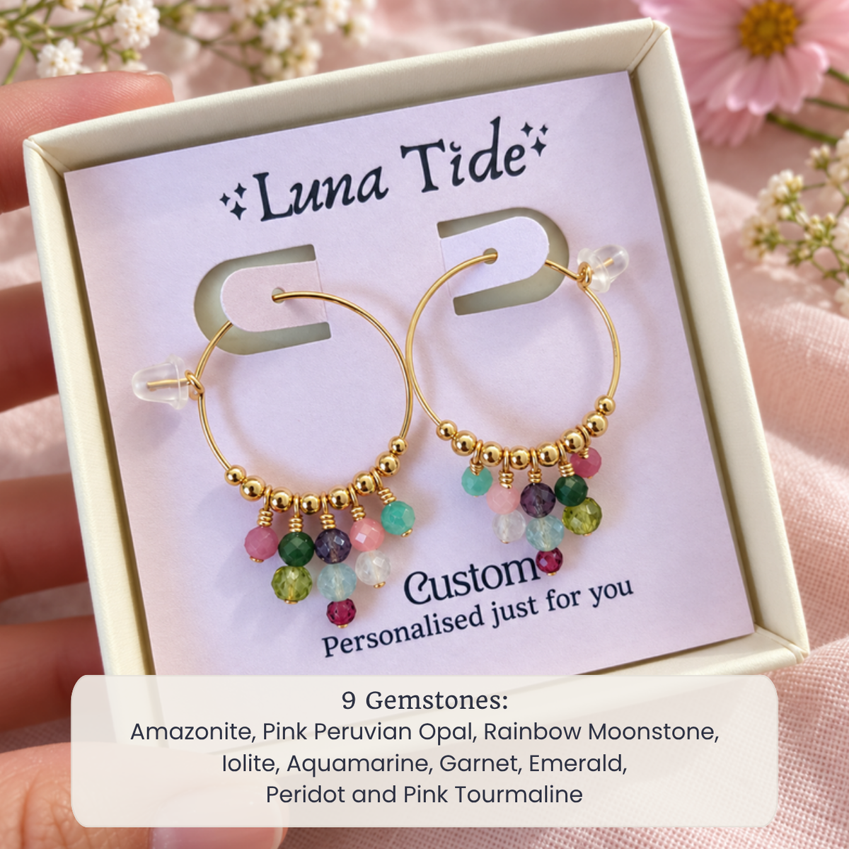 Custom statement hoop earrings with 9 Gemstones: Amazonite, Pink Peruvian Opal, Rainbow Moonstone, Iolite, Aquamarine, Garnet, Emerald, Peridot and Pink Tourmaline
