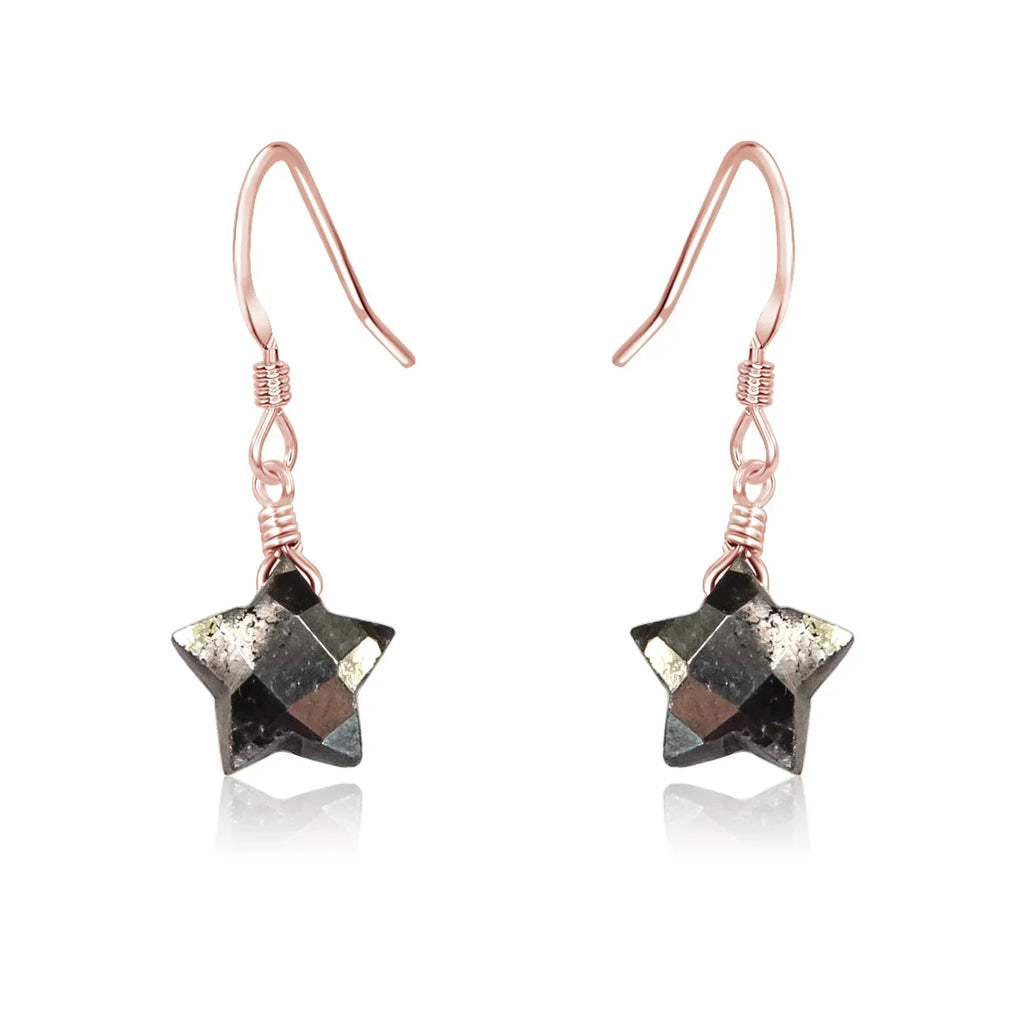Little Pyrite Crystal Star Dangle Drop Earrings - Little Pyrite Crystal Star Dangle Drop Earrings - 14k Rose Gold Fill - Luna Tide Handmade Crystal Jewellery