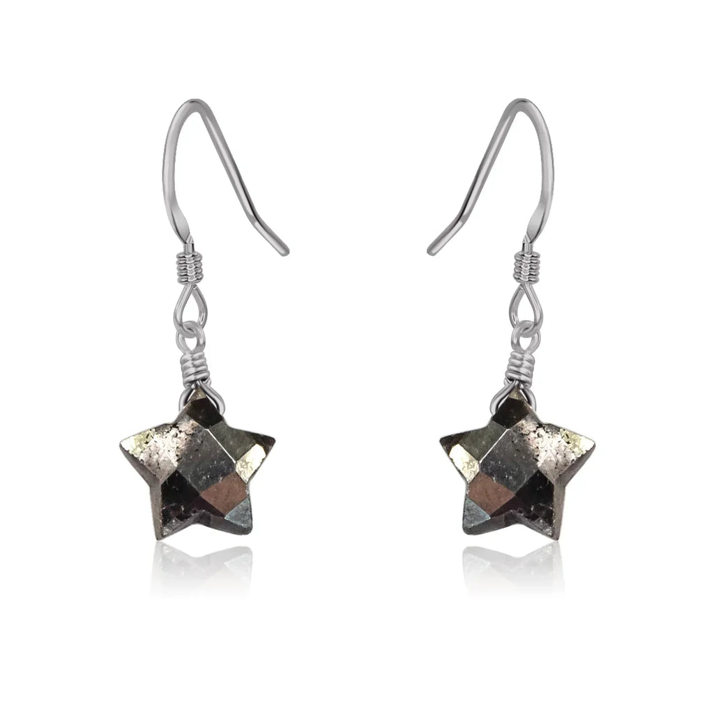 Little Pyrite Crystal Star Dangle Drop Earrings - Little Pyrite Crystal Star Dangle Drop Earrings - Stainless Steel - Luna Tide Handmade Crystal Jewellery