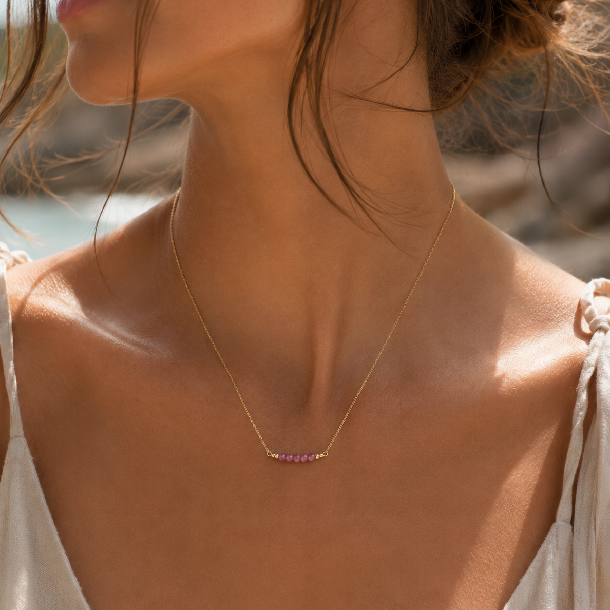 Sparkling Pink Tourmaline Faceted Bead Bar Necklace