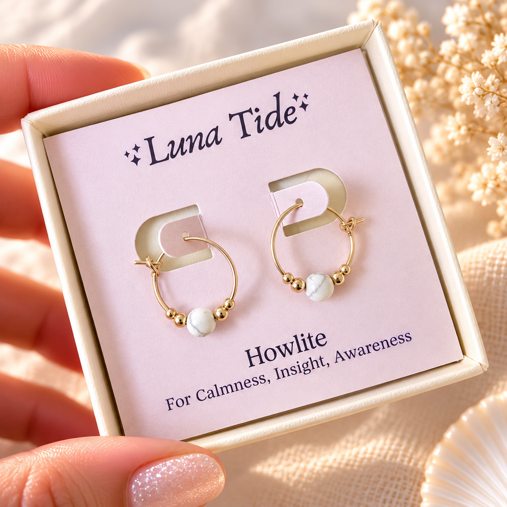 Tiny White Howlite Bead Hoop Earrings