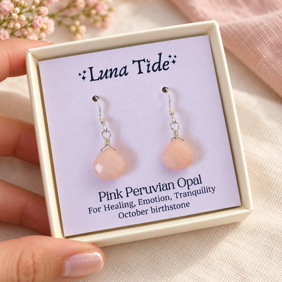 Pink Peruvian Opal Gemstone Teardrop Dangle Earrings