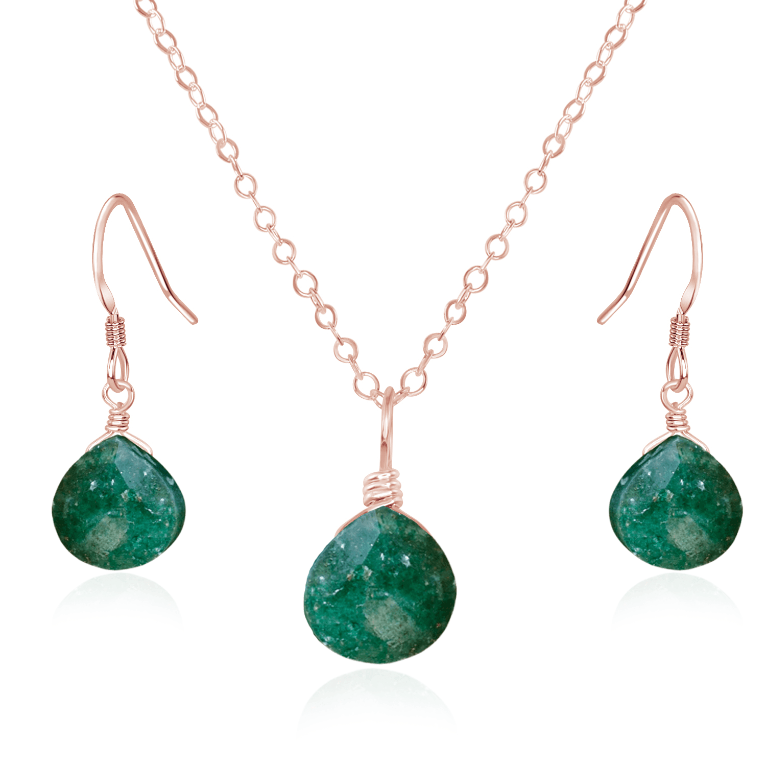 Aventurine Tiny Teardrop Earrings & Necklace Set - Aventurine Tiny Teardrop Earrings & Necklace Set - 14k Rose Gold Fill / Cable - Luna Tide Handmade Crystal Jewellery