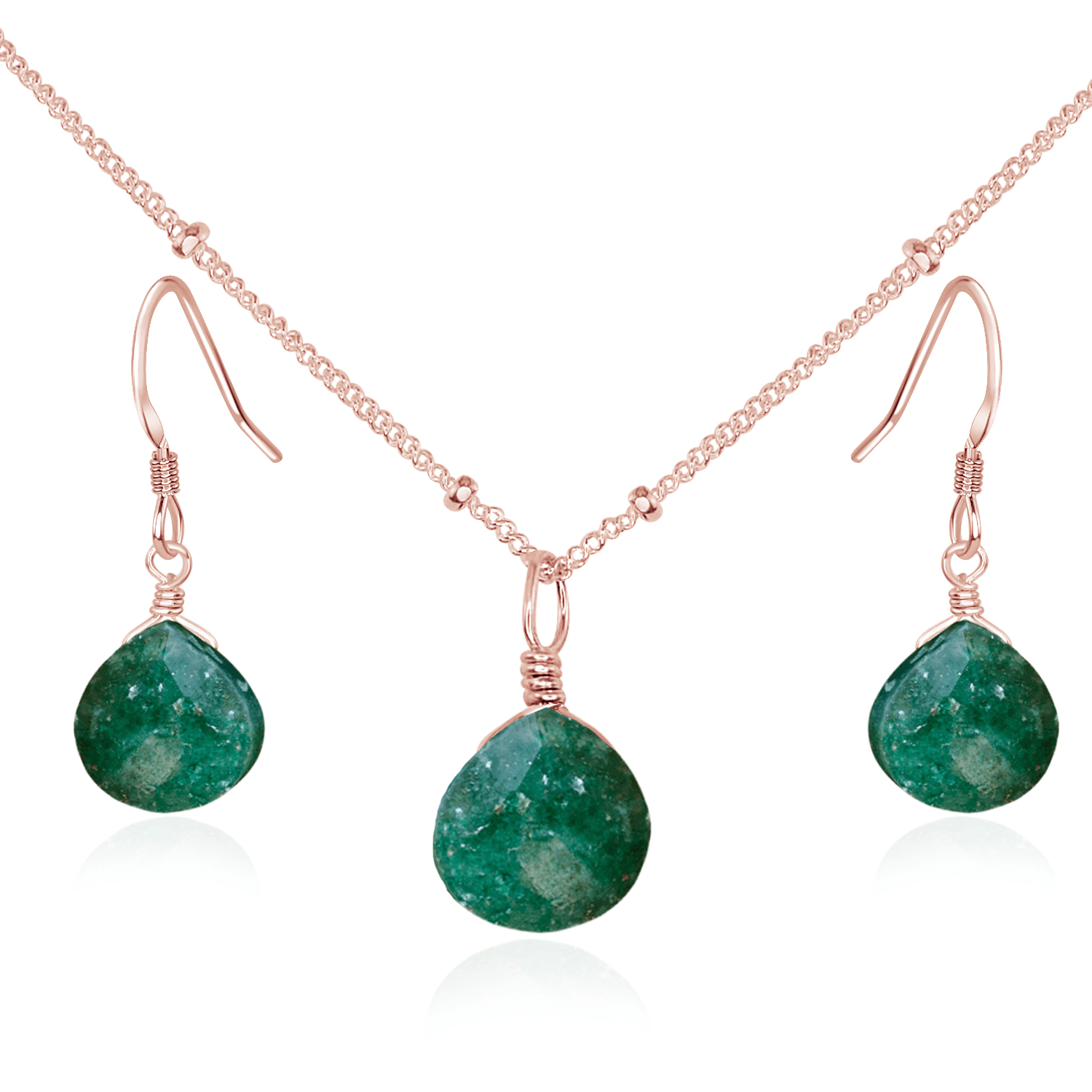 Aventurine Tiny Teardrop Earrings & Necklace Set - Aventurine Tiny Teardrop Earrings & Necklace Set - 14k Rose Gold Fill / Satellite - Luna Tide Handmade Crystal Jewellery