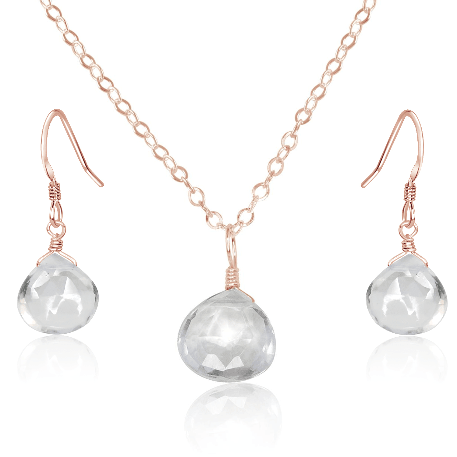 Crystal Quartz Tiny Teardrop Earrings & Necklace Set - Crystal Quartz Tiny Teardrop Earrings & Necklace Set - 14k Rose Gold Fill / Cable - Luna Tide Handmade Crystal Jewellery
