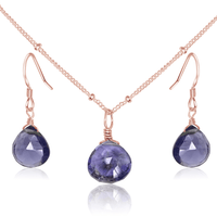 Iolite Tiny Teardrop Earrings & Necklace Set - Iolite Tiny Teardrop Earrings & Necklace Set - 14k Rose Gold Fill / Satellite - Luna Tide Handmade Crystal Jewellery