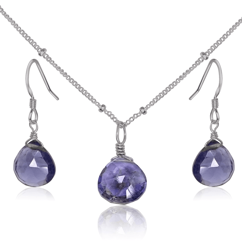 Iolite Tiny Teardrop Earrings & Necklace Set - Iolite Tiny Teardrop Earrings & Necklace Set - Stainless Steel / Satellite - Luna Tide Handmade Crystal Jewellery