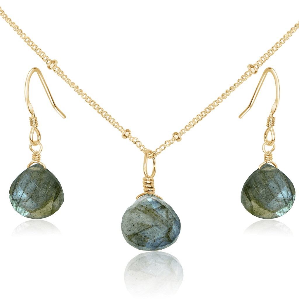 Labradorite Tiny Teardrop Earrings & Necklace Set - Labradorite Tiny Teardrop Earrings & Necklace Set - 14k Gold Fill / Satellite - Luna Tide Handmade Crystal Jewellery