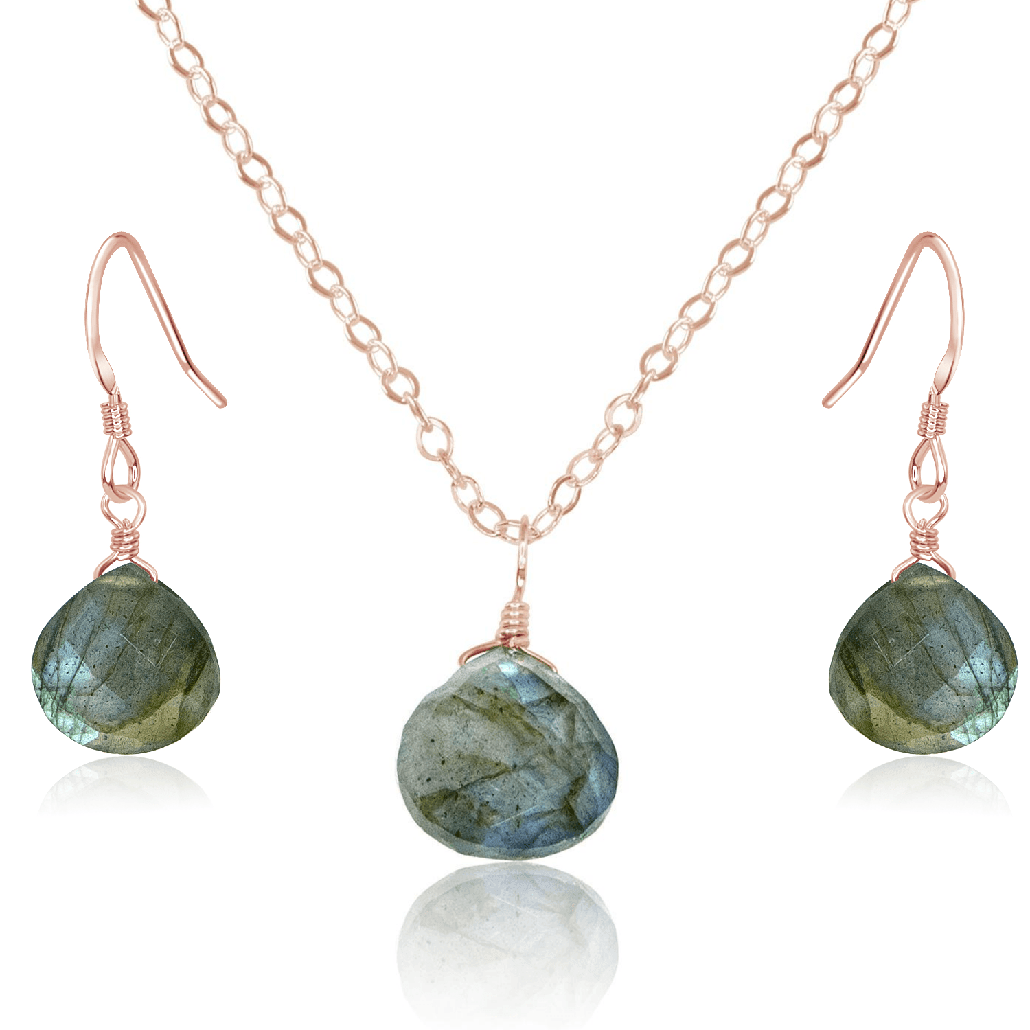 Labradorite Tiny Teardrop Earrings & Necklace Set - Labradorite Tiny Teardrop Earrings & Necklace Set - 14k Rose Gold Fill / Cable - Luna Tide Handmade Crystal Jewellery