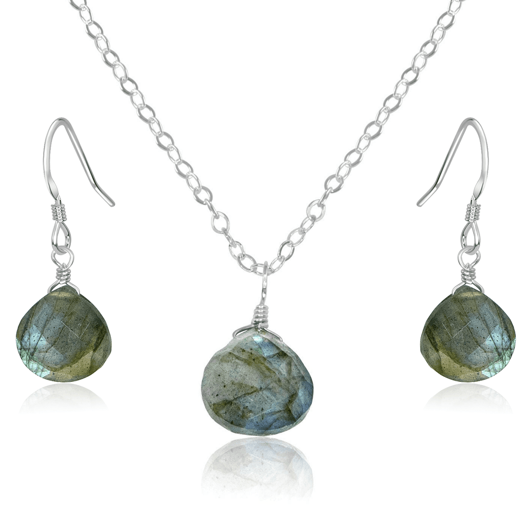 Labradorite Tiny Teardrop Earrings & Necklace Set - Labradorite Tiny Teardrop Earrings & Necklace Set - Sterling Silver / Cable - Luna Tide Handmade Crystal Jewellery