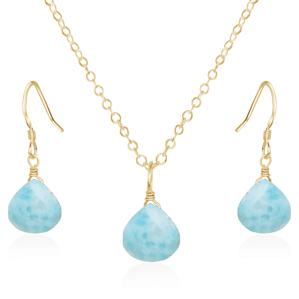 Larimar Tiny Teardrop Earrings & Necklace Set - Larimar Tiny Teardrop Earrings & Necklace Set - 14k Gold Fill / Cable - Luna Tide Handmade Crystal Jewellery