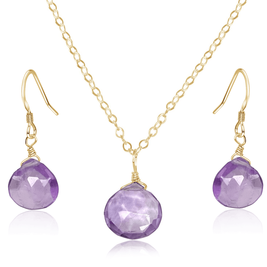 Pink Amethyst Tiny Teardrop Earrings & Necklace Set - Pink Amethyst Tiny Teardrop Earrings & Necklace Set - 14k Gold Fill / Cable - Luna Tide Handmade Crystal Jewellery