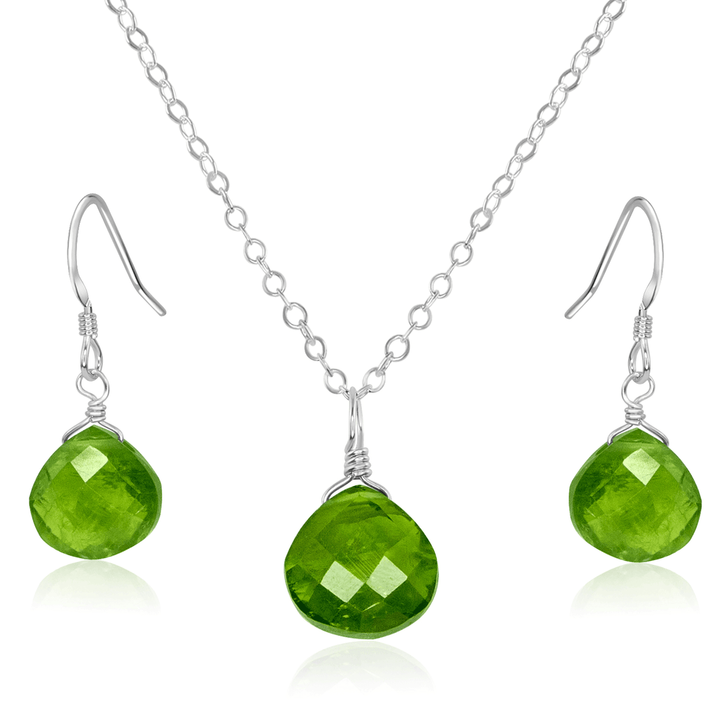 Peridot Tiny Teardrop Earrings & Necklace Set - Peridot Tiny Teardrop Earrings & Necklace Set - Sterling Silver / Cable - Luna Tide Handmade Crystal Jewellery