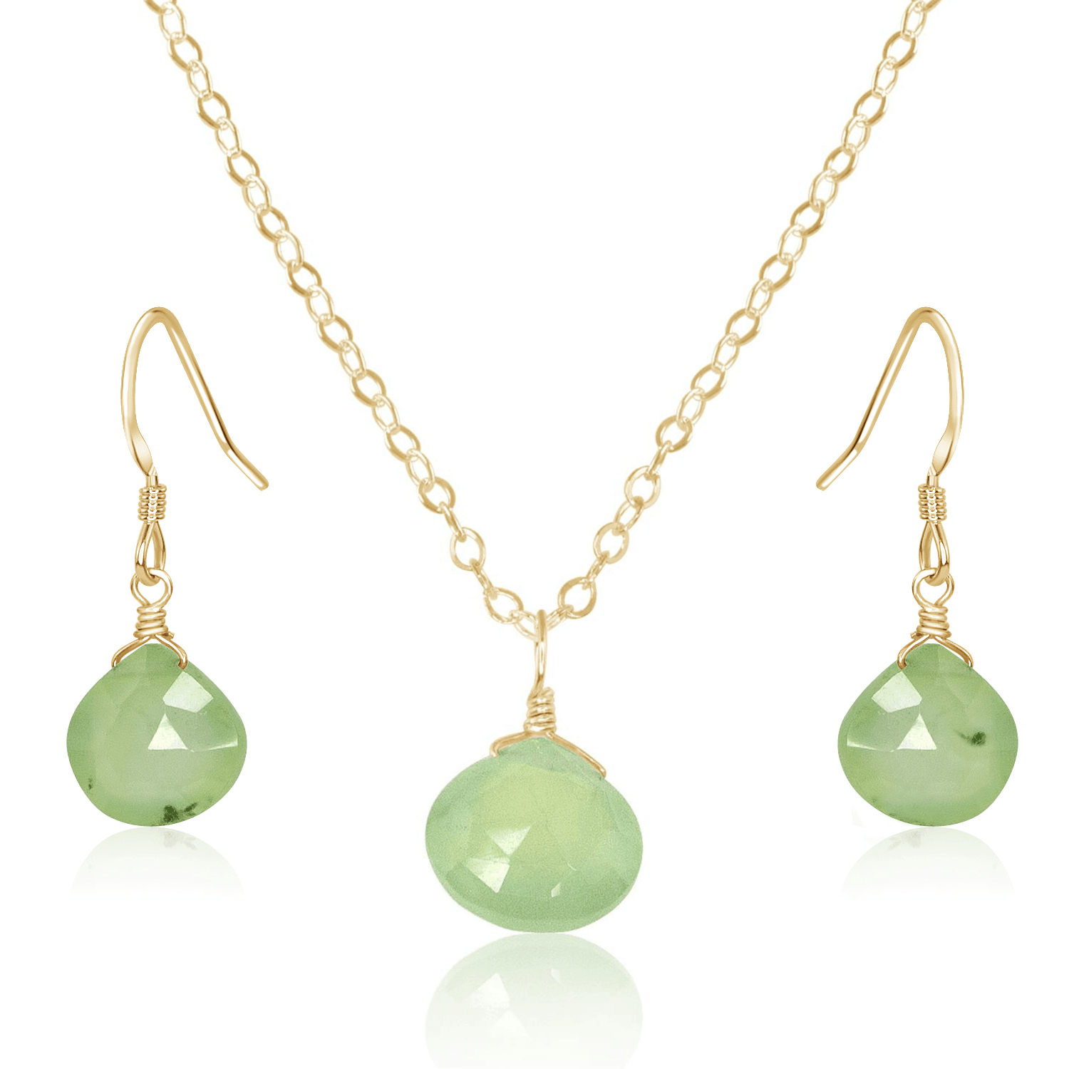 Prehnite Tiny Teardrop Earrings & Necklace Set - Prehnite Tiny Teardrop Earrings & Necklace Set - 14k Gold Fill / Cable - Luna Tide Handmade Crystal Jewellery