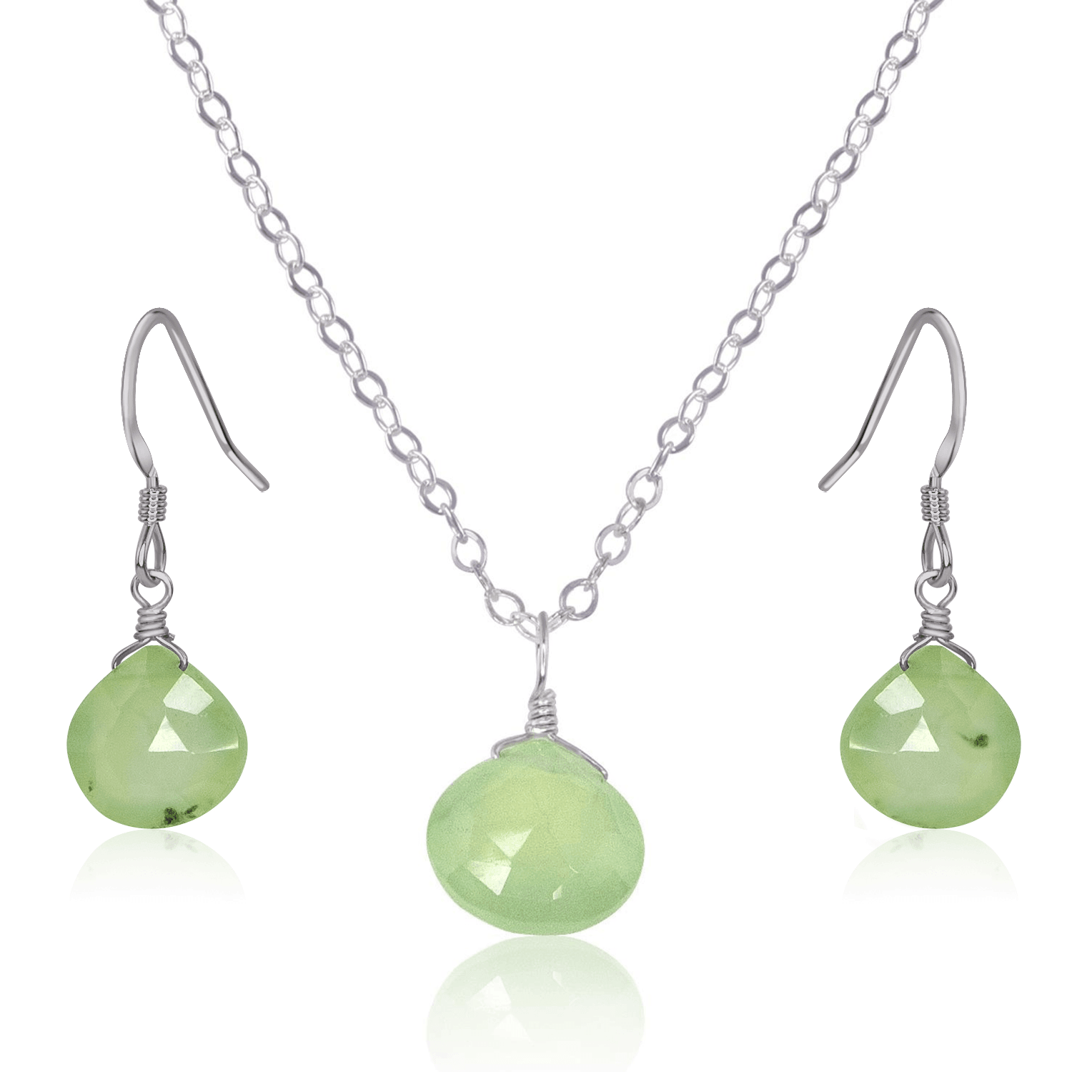 Prehnite Tiny Teardrop Earrings & Necklace Set - Prehnite Tiny Teardrop Earrings & Necklace Set - Stainless Steel / Cable - Luna Tide Handmade Crystal Jewellery