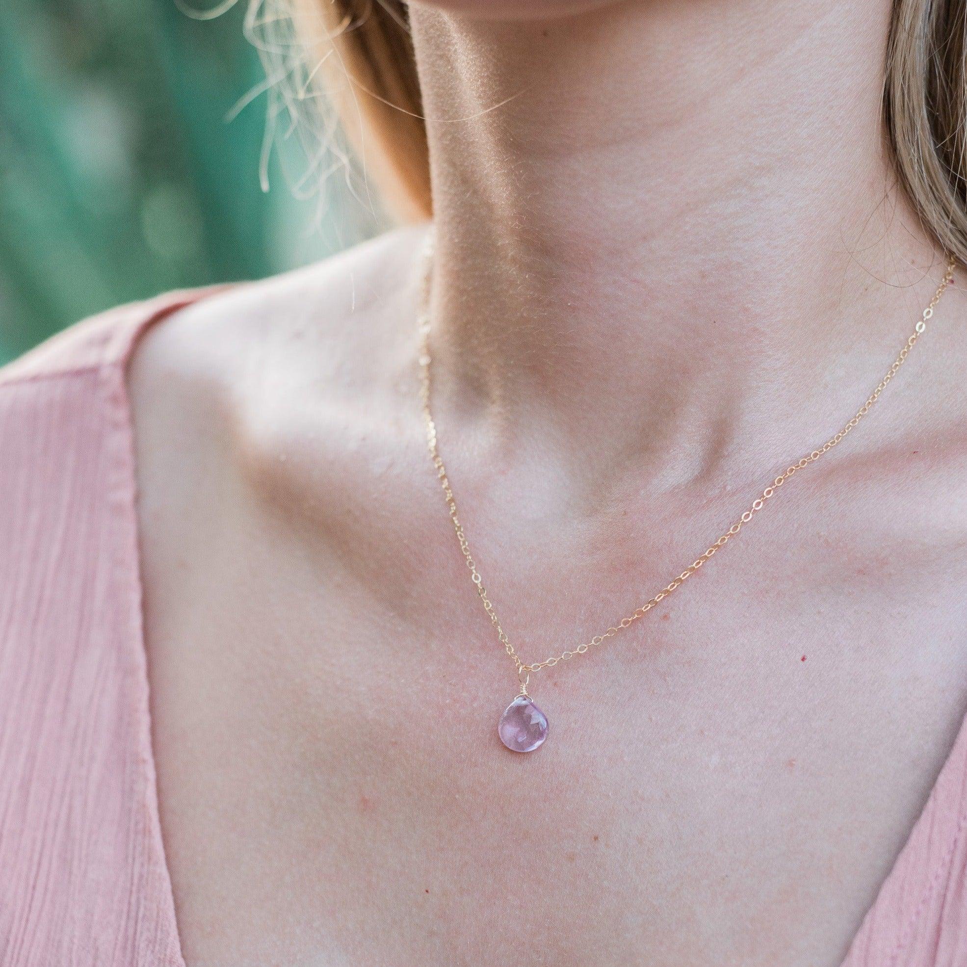 Pink Amethyst Tiny Teardrop Earrings & Necklace Set - Pink Amethyst Tiny Teardrop Earrings & Necklace Set - 14k Gold Fill / Cable - Luna Tide Handmade Crystal Jewellery