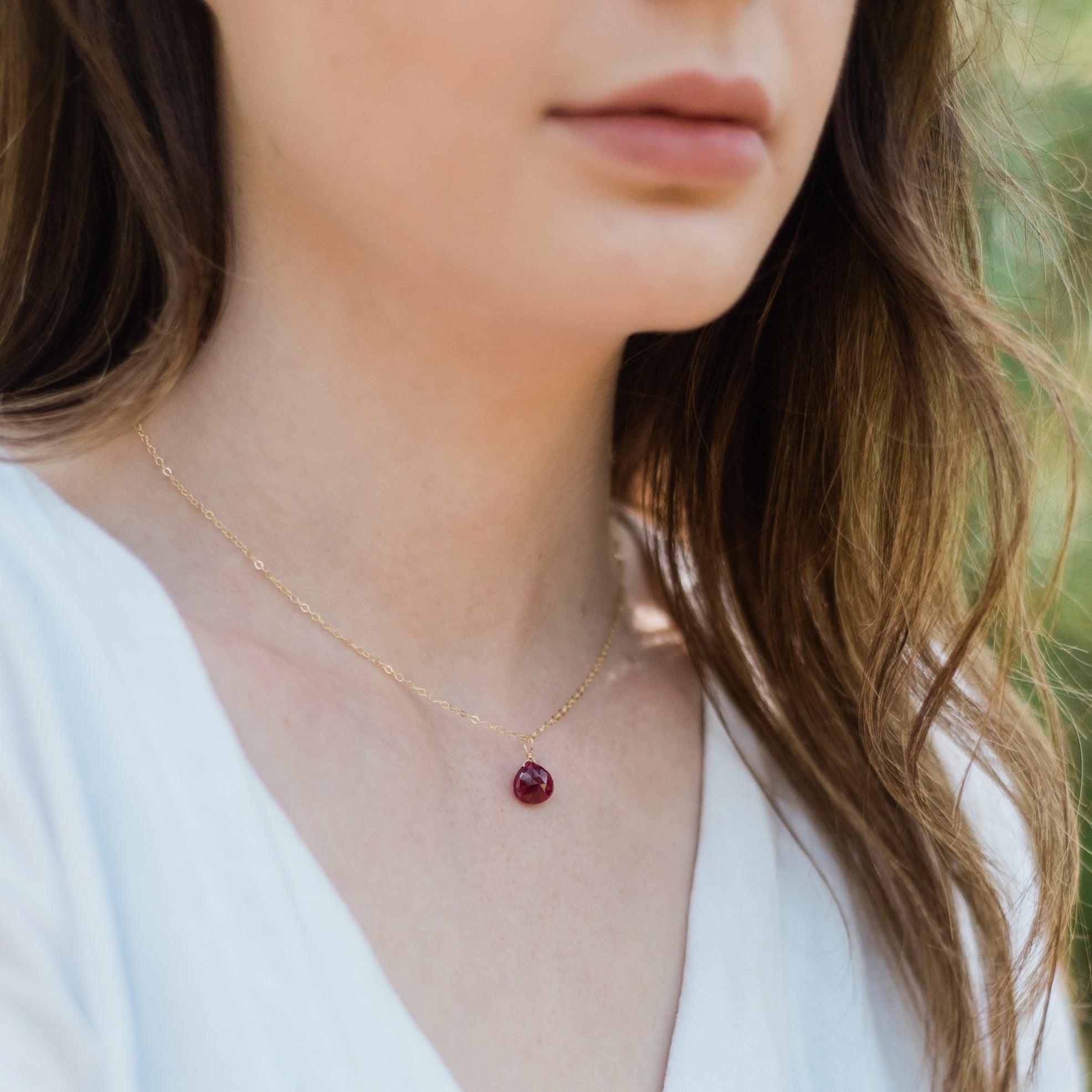 Ruby Tiny Teardrop Earrings & Necklace Set - Ruby Tiny Teardrop Earrings & Necklace Set - 14k Gold Fill / Cable - Luna Tide Handmade Crystal Jewellery