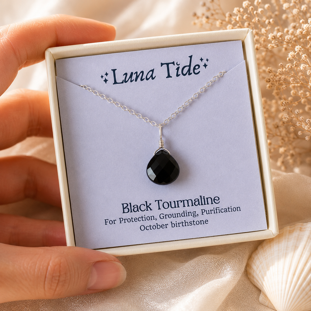 Tiny Black Tourmaline Teardrop Crystal Pendant Necklace jewellery box
