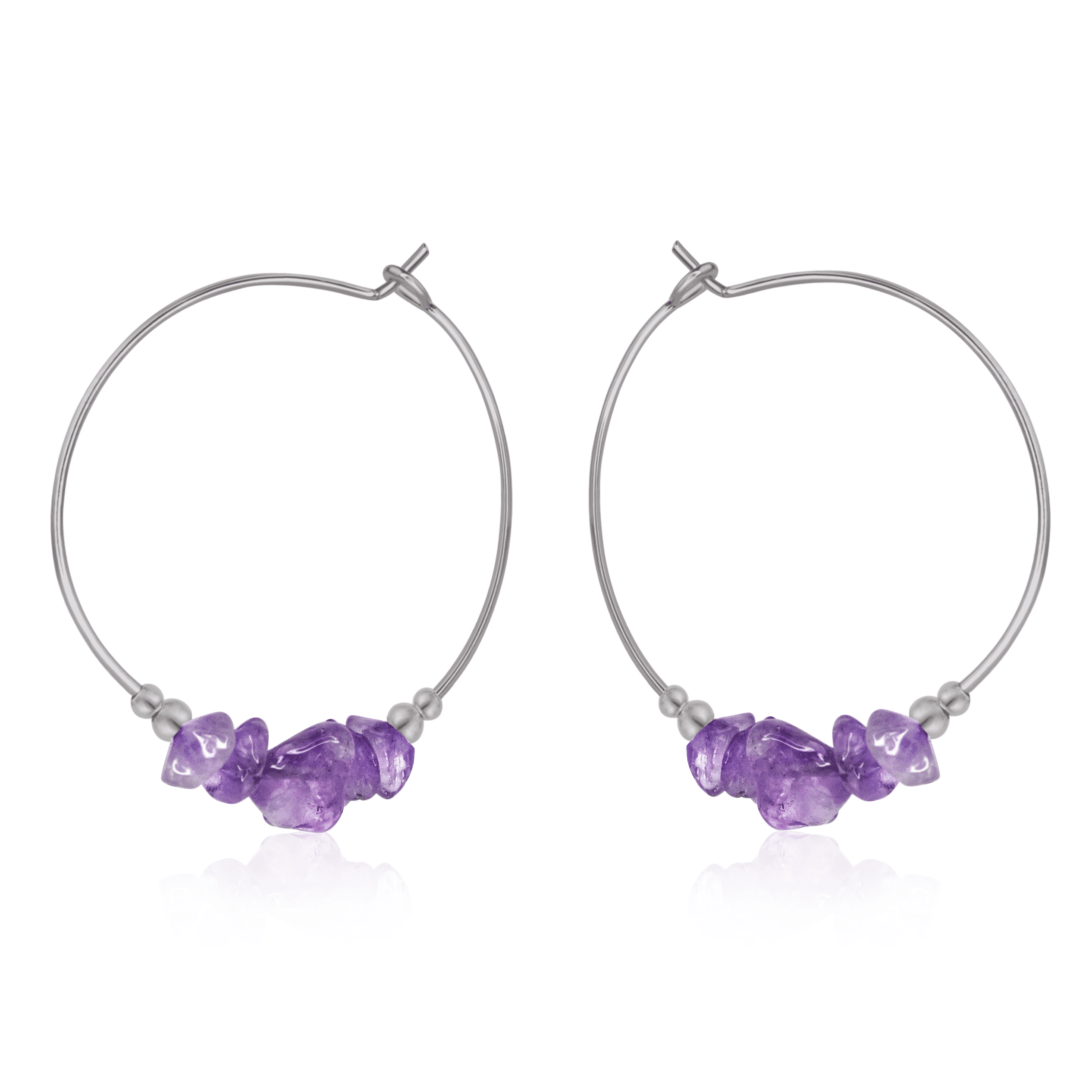 Amethyst Crystal Chip Large Hoop Earrings - Amethyst Crystal Chip Large Hoop Earrings - Stainless Steel - Luna Tide Handmade Crystal Jewellery