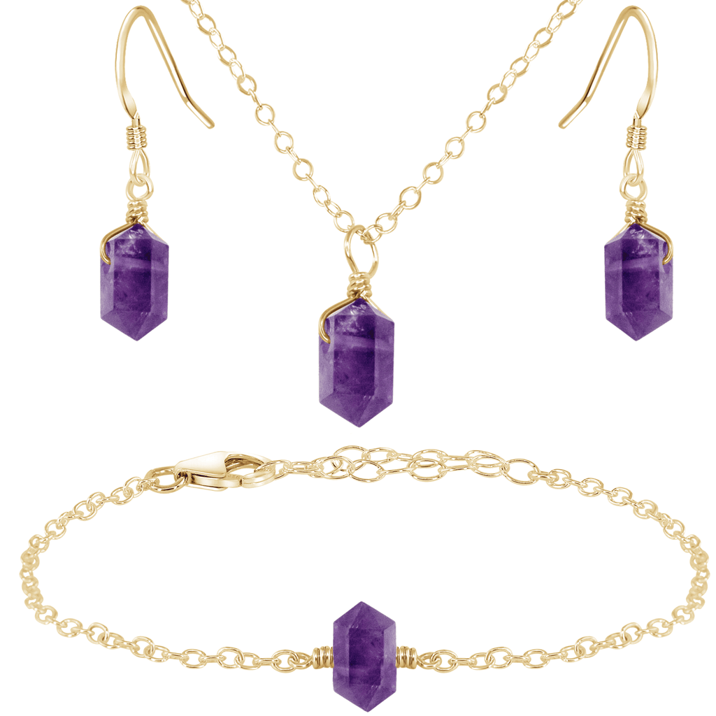Amethyst Double Terminated Crystal Earrings, Necklace & Bracelet Set - Amethyst Double Terminated Crystal Earrings, Necklace & Bracelet Set - 14k Gold Fill - Luna Tide Handmade Crystal Jewellery