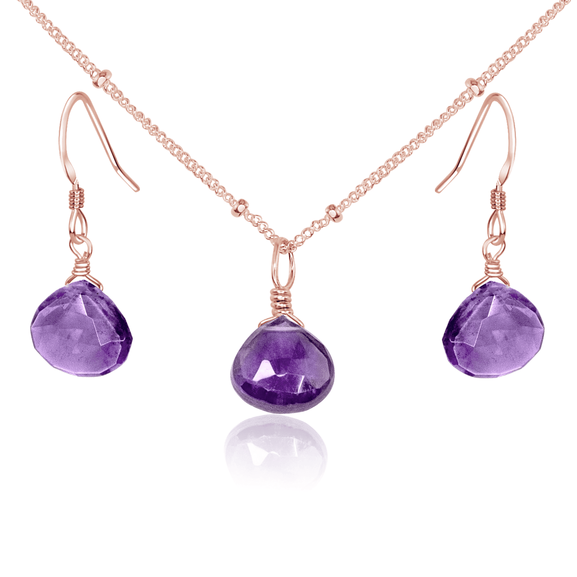 Amethyst Tiny Teardrop Earrings & Necklace Set - Amethyst Tiny Teardrop Earrings & Necklace Set - 14k Rose Gold Fill / Satellite - Luna Tide Handmade Crystal Jewellery