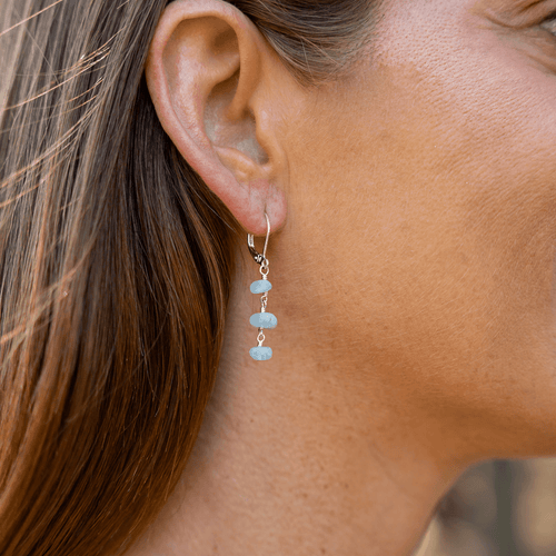 Aquamarine Crystal Beaded Chain Dangle Leverback Earrings - Aquamarine Crystal Beaded Chain Dangle Leverback Earrings - Sterling Silver - Luna Tide Handmade Crystal Jewellery