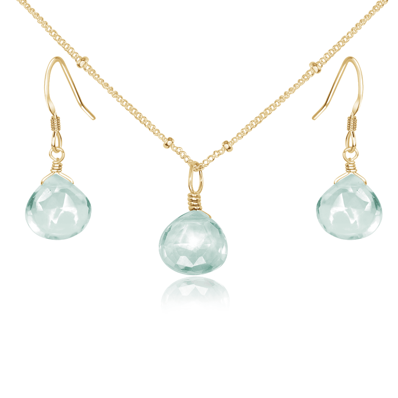 Aquamarine Tiny Teardrop Earrings & Necklace Set - Aquamarine Tiny Teardrop Earrings & Necklace Set - 14k Gold Fill / Satellite - Luna Tide Handmade Crystal Jewellery