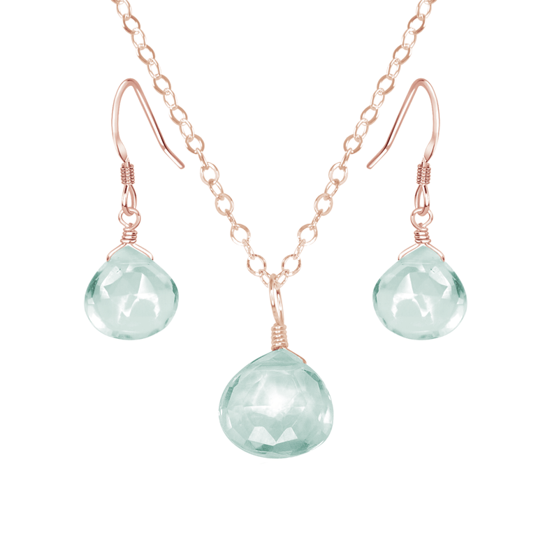 Aquamarine Tiny Teardrop Earrings & Necklace Set - Aquamarine Tiny Teardrop Earrings & Necklace Set - 14k Rose Gold Fill / Cable - Luna Tide Handmade Crystal Jewellery