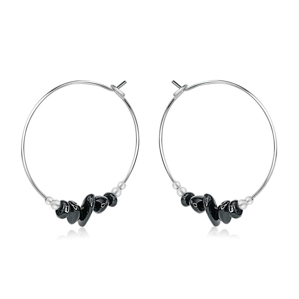 Black Tourmaline Crystal Chip Large Hoop Earrings - Black Tourmaline Crystal Chip Large Hoop Earrings - Sterling Silver - Luna Tide Handmade Crystal Jewellery