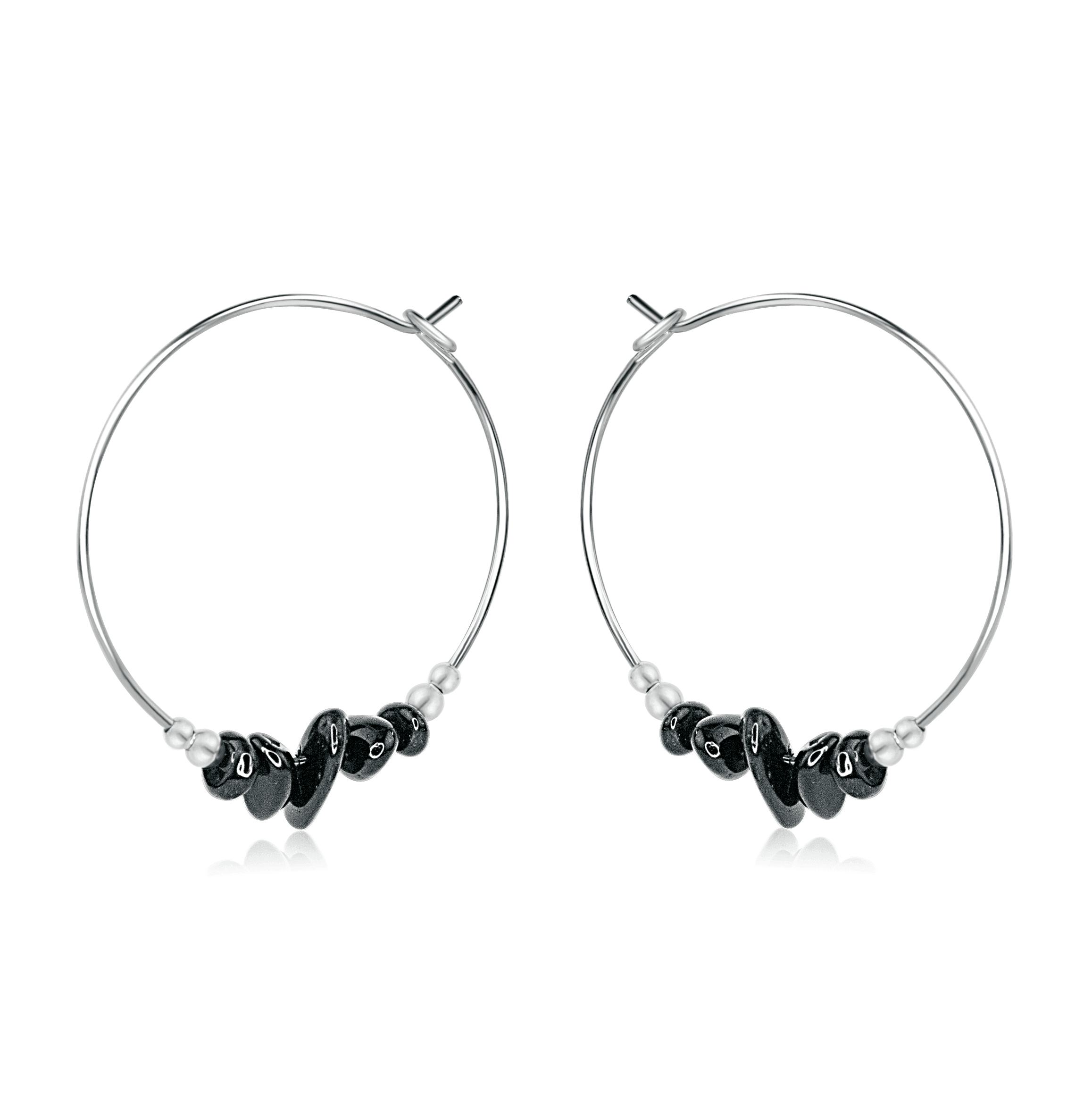 Black Tourmaline Crystal Chip Large Hoop Earrings - Black Tourmaline Crystal Chip Large Hoop Earrings - Sterling Silver - Luna Tide Handmade Crystal Jewellery