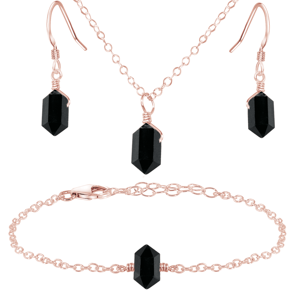 Black Tourmaline Double Terminated Crystal Earrings, Necklace & Bracelet Set - Black Tourmaline Double Terminated Crystal Earrings, Necklace & Bracelet Set - 14k Rose Gold Fill - Luna Tide Handmade Crystal Jewellery