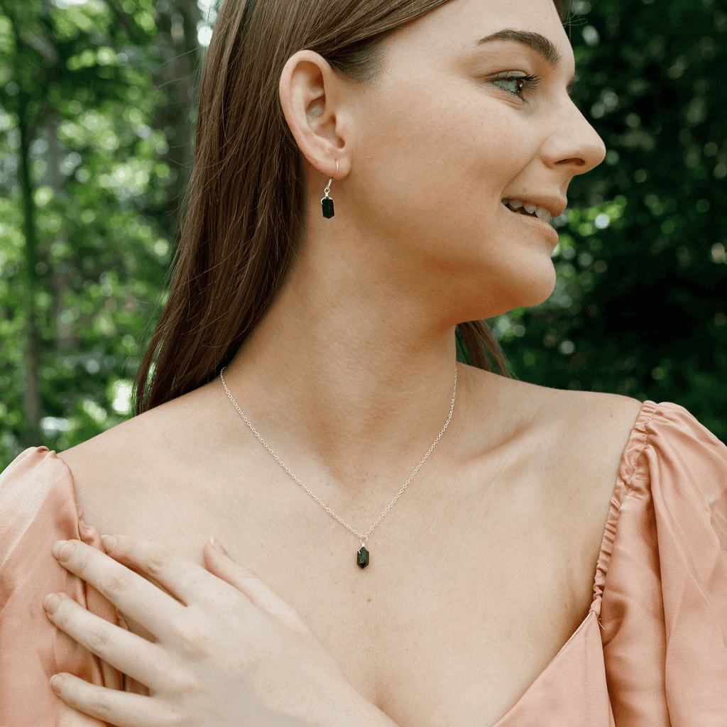 Black Tourmaline Mini Double Terminated Crystal Point Earrings & Necklace Set - Black Tourmaline Mini Double Terminated Crystal Point Earrings & Necklace Set - Sterling Silver - Luna Tide Handmade Crystal Jewellery