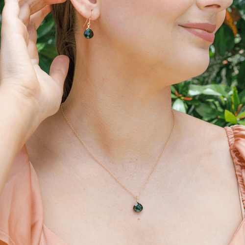 Black Tourmaline Tiny Teardrop Earrings & Necklace Set - Black Tourmaline Tiny Teardrop Earrings & Necklace Set - 14k Gold Fill / Cable - Luna Tide Handmade Crystal Jewellery