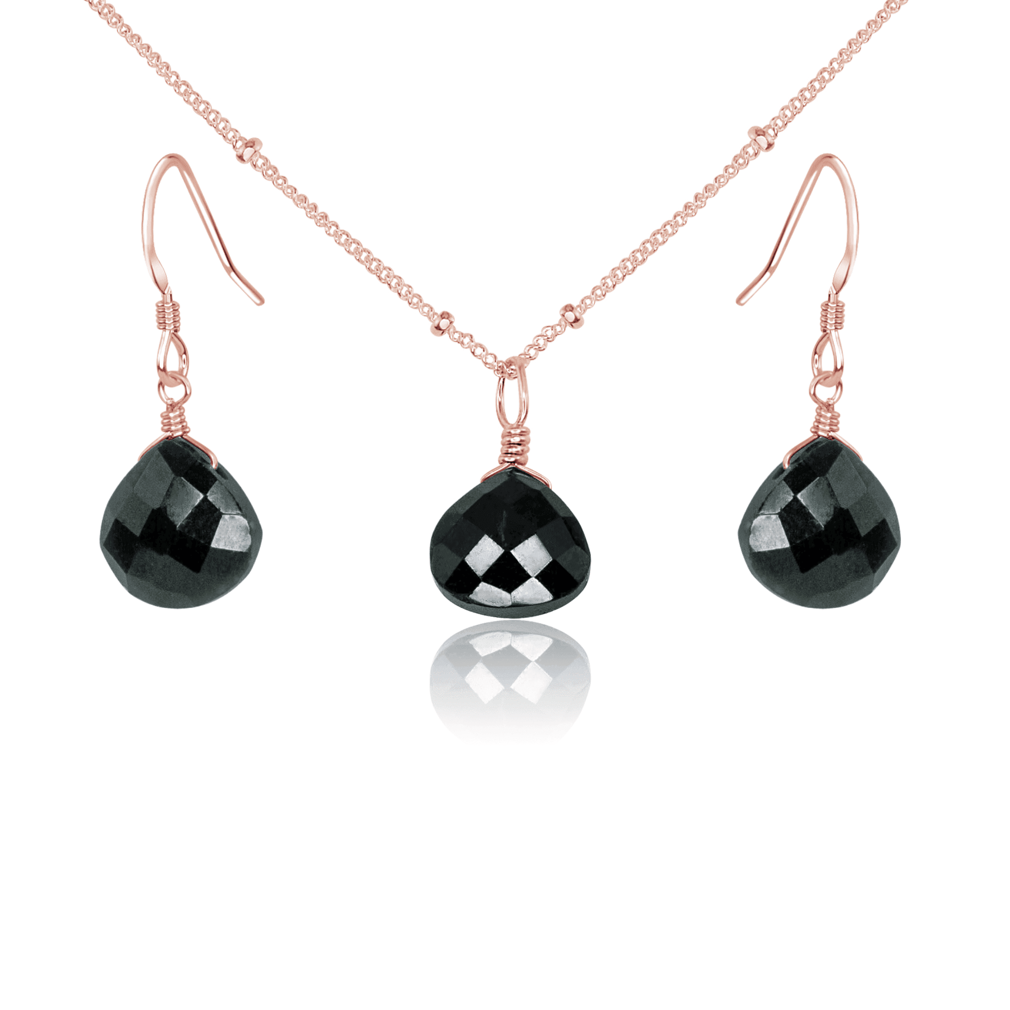 Black Tourmaline Tiny Teardrop Earrings & Necklace Set - Black Tourmaline Tiny Teardrop Earrings & Necklace Set - 14k Rose Gold Fill / Satellite - Luna Tide Handmade Crystal Jewellery