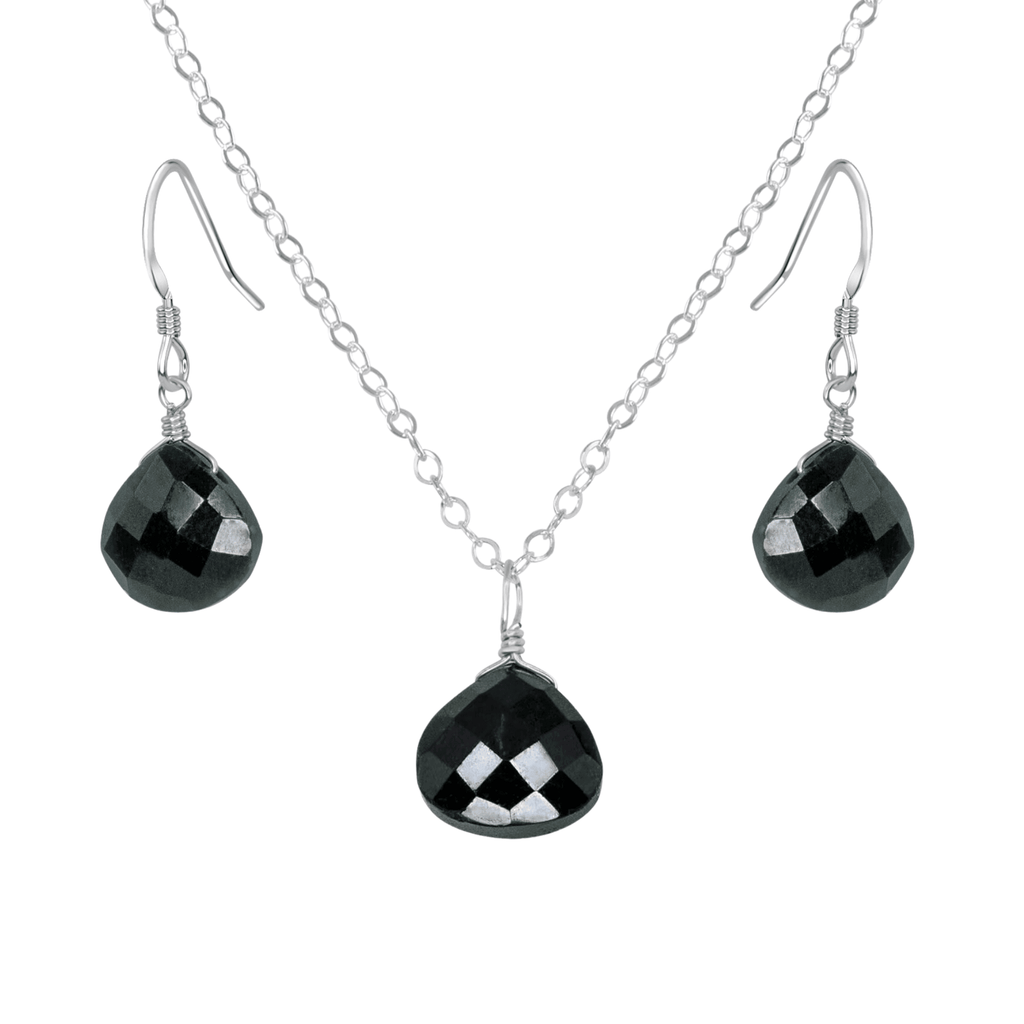 Black Tourmaline Tiny Teardrop Earrings & Necklace Set - Black Tourmaline Tiny Teardrop Earrings & Necklace Set - Sterling Silver / Cable - Luna Tide Handmade Crystal Jewellery