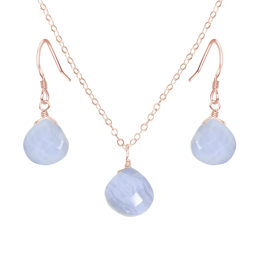 Blue Lace Agate Tiny Teardrop Earrings & Necklace Set - Blue Lace Agate Tiny Teardrop Earrings & Necklace Set - 14k Rose Gold Fill / Cable - Luna Tide Handmade Crystal Jewellery