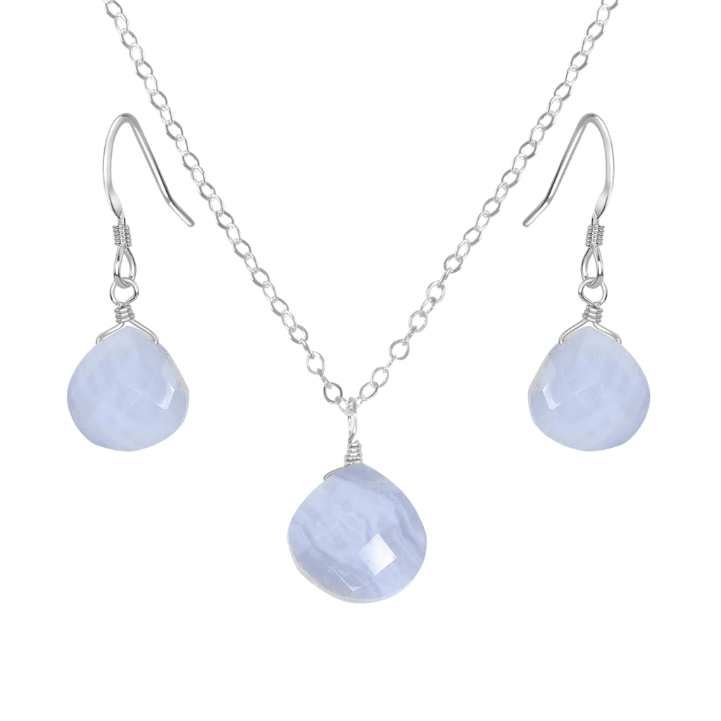 Blue Lace Agate Tiny Teardrop Earrings & Necklace Set - Blue Lace Agate Tiny Teardrop Earrings & Necklace Set - Sterling Silver / Cable - Luna Tide Handmade Crystal Jewellery
