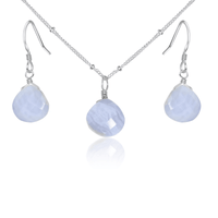 Blue Lace Agate Tiny Teardrop Earrings & Necklace Set - Blue Lace Agate Tiny Teardrop Earrings & Necklace Set - Sterling Silver / Satellite - Luna Tide Handmade Crystal Jewellery